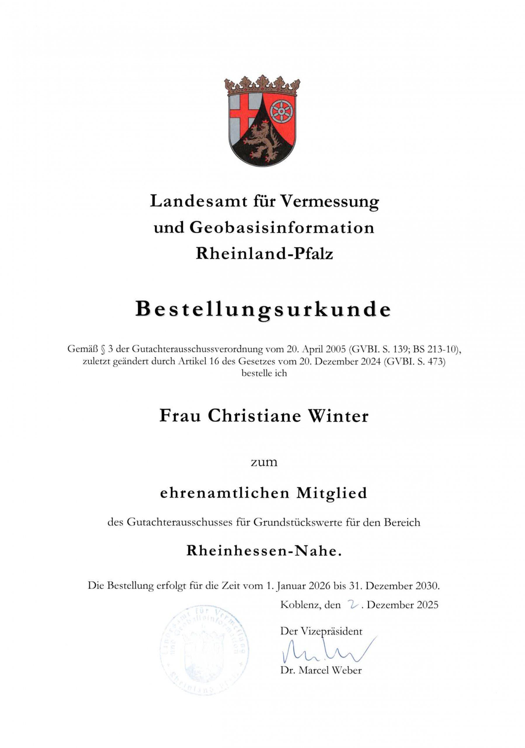 Bestellungsurkunde Gutachterausschuss Rheinhessen-Nahe