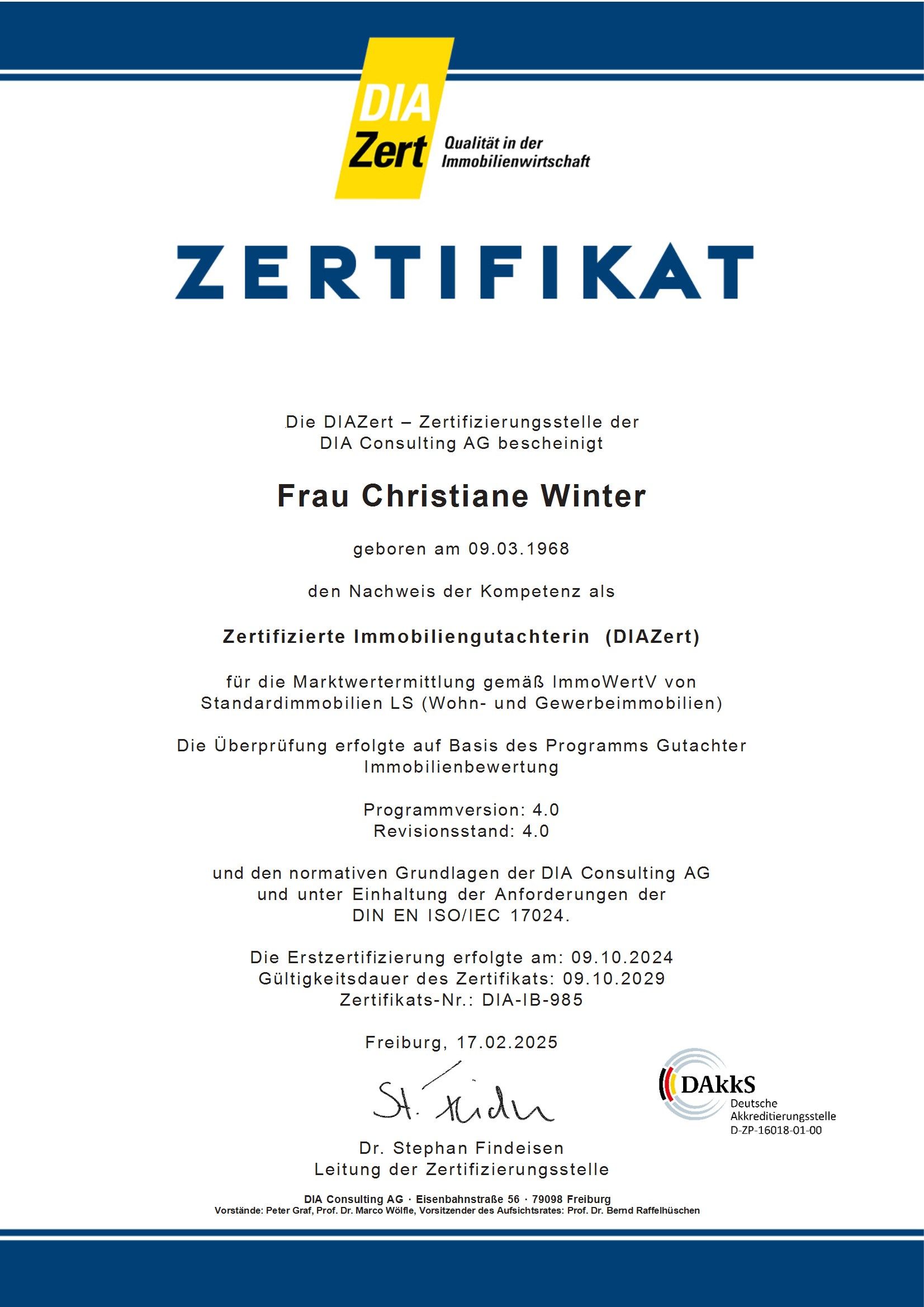 zertifizierte Immobiliengutachterin nach ISO 17024